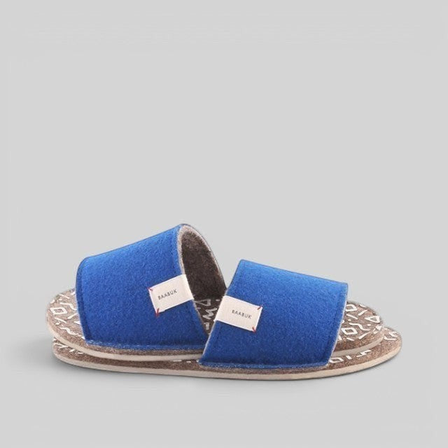 Baabuk Baabulette wool slide sandals in ultra marine blue with natural crepe rubber soles and patterned footbed