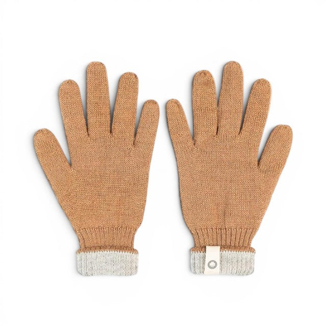 Baabuk camel-colored baby alpaca wool gloves with a reversible light grey cuff and small brand tag.