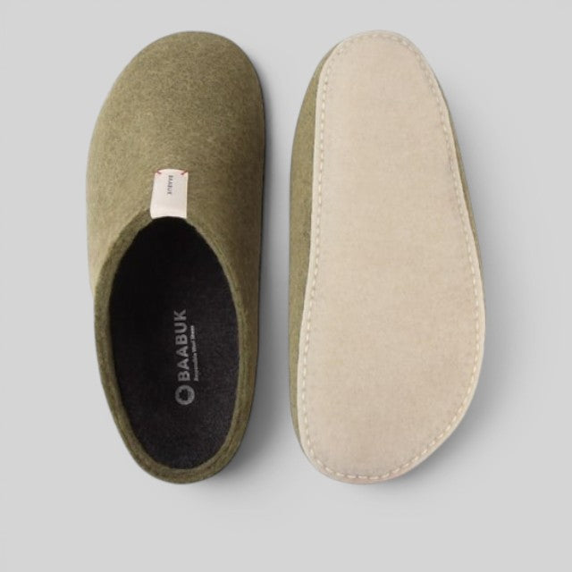Baabuk Corkybuk khaki green handfelted natural wool slippers with a flexible shock-absorbent cork sole