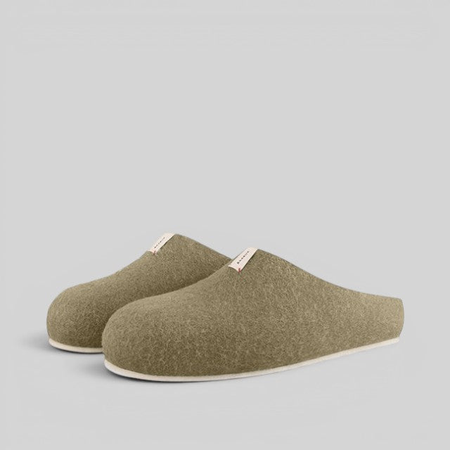 Baabuk Corkybuk slippers in khaki green felted wool with a flexible cork sole and minimalist slip-on design.