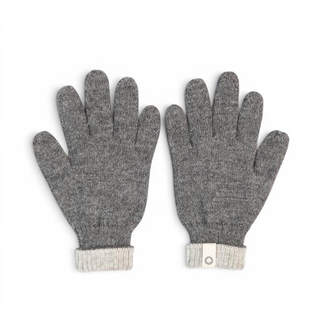 Baabuk dark grey reversible baby alpaca wool gloves with light grey ribbed cuffs on a white background.