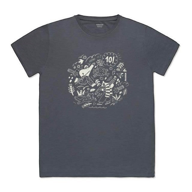 Baabuk dark grey 100% merino wool t-shirt featuring a white 10th anniversary illustration by Ana Seixas Santos.