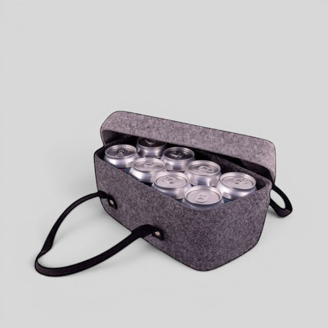 Baabuk dark grey wool beer cooler holding six cans with black leather straps for easy carrying.