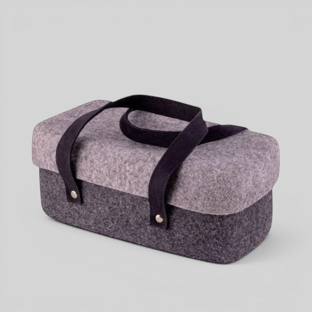 Baabuk dark grey wool beer cooler with a leather strap handle for insulated drink storage