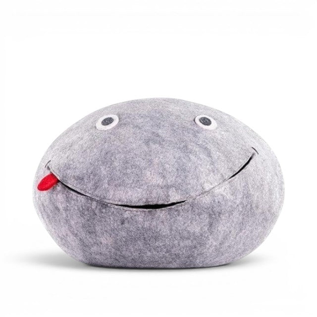 Baabuk handmade grey wool storage frog with stitched eyes and a red tongue on a white background