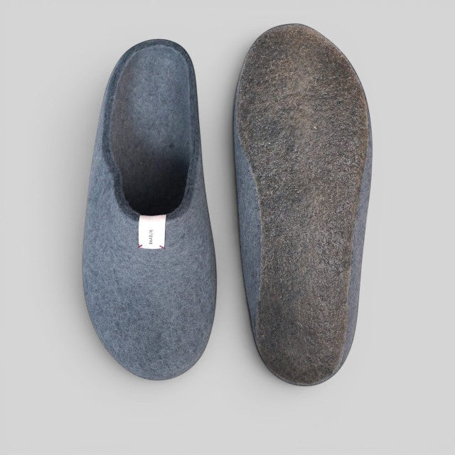 Baabuk Kanga grey wool slippers with natural latex soles, top and bottom view showing handmade felt construction.