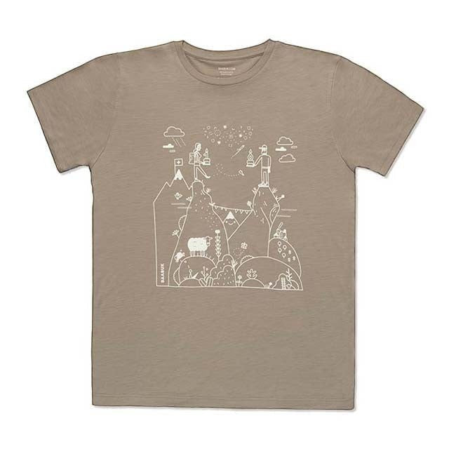 Baabuk 10 year anniversary khaki merino wool t-shirt featuring a white Swiss mountain illustration by Jamie Aspinal.