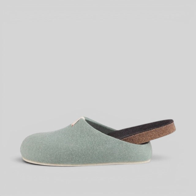 Baabuk light blue handfelted natural wool slipper with a flexible cork sole and orthopedic arch support.