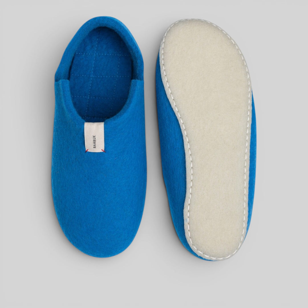 Baabuk Lisa slippers in Azur Blue made from natural New Zealand wool with a durable crepe rubber sole.