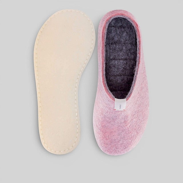 Baabuk Mel pink wool slippers with natural crepe rubber soles, handmade in Nepal from New Zealand sheep wool.