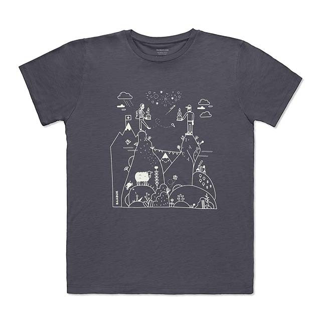 Baabuk dark grey 100% merino wool t-shirt with white Swiss-themed anniversary illustration by Jamie Aspinal.