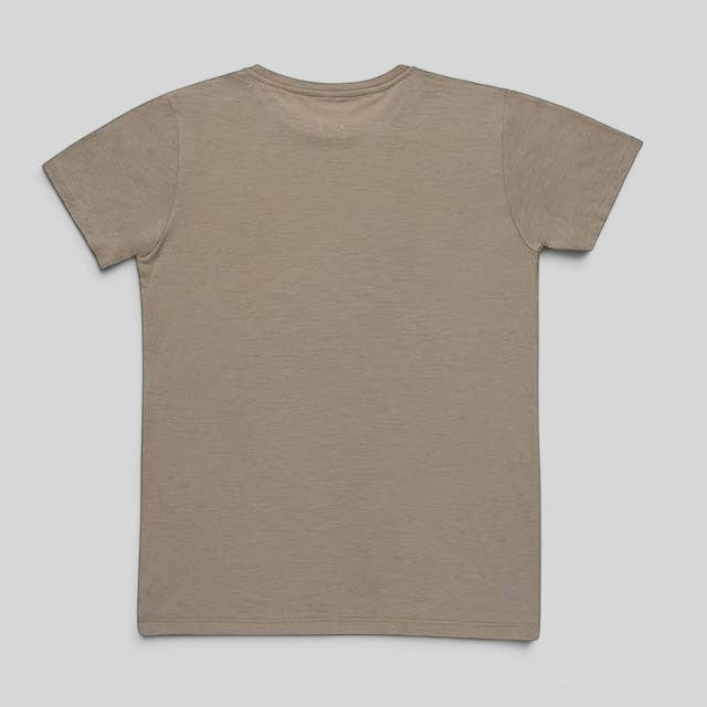 Back view of a Baabuk 10 Year Anniversary T-shirt in khaki, made from 100% merino wool.