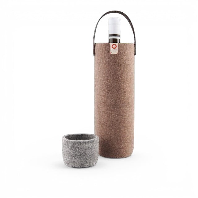 Baabuk moka wool wine cooler with leather strap and matching felt cup, designed for eco-friendly bottle insulation.