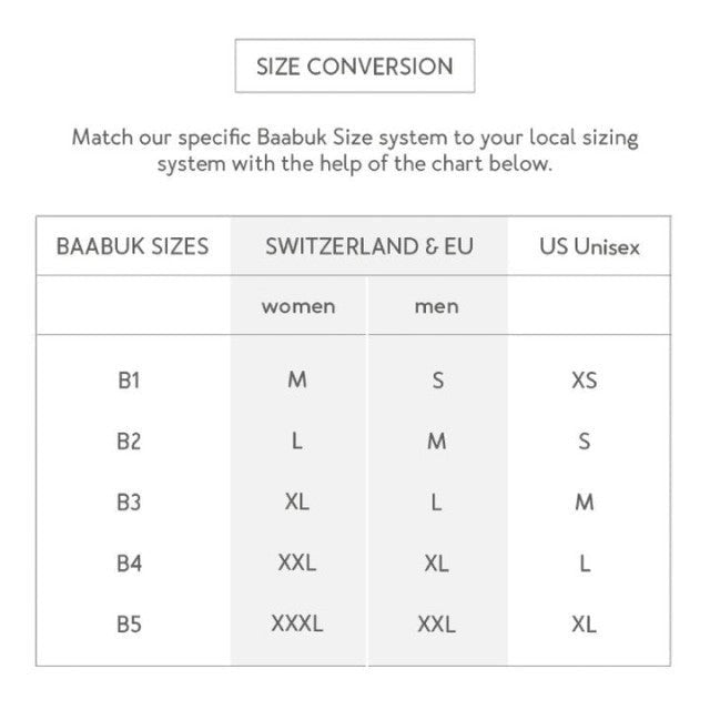 Baabuk size conversion chart for 10th anniversary merino wool t-shirts, comparing B-sizes to EU and US sizing.