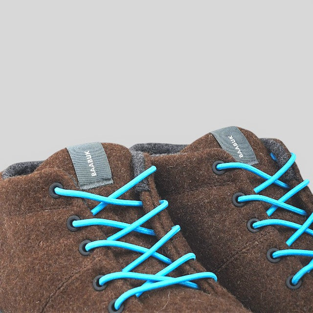 Baabuk Sky Wooler sneakers in brown Roux du Valais wool with bright blue elastic laces and grey interior lining.