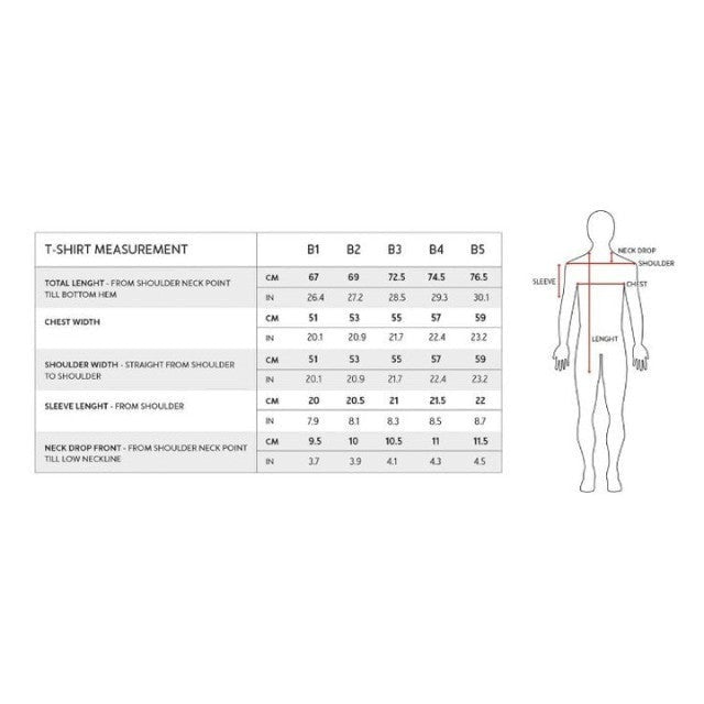 Baabuk 10 Year Anniversary T-shirt measurement guide and sizing chart for merino wool shirts.