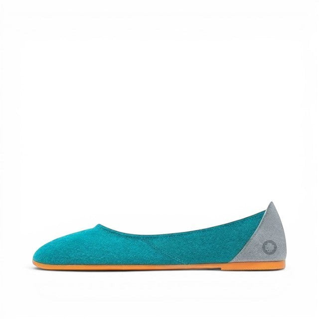 Baabuk teal wool ballerina flat with a grey nubuck heel detail and a durable orange rubber sole.