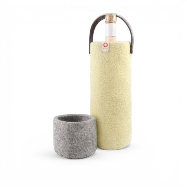 Baabuk yellow wool wine cooler with leather handle and matching grey wool coaster for insulated bottle storage.