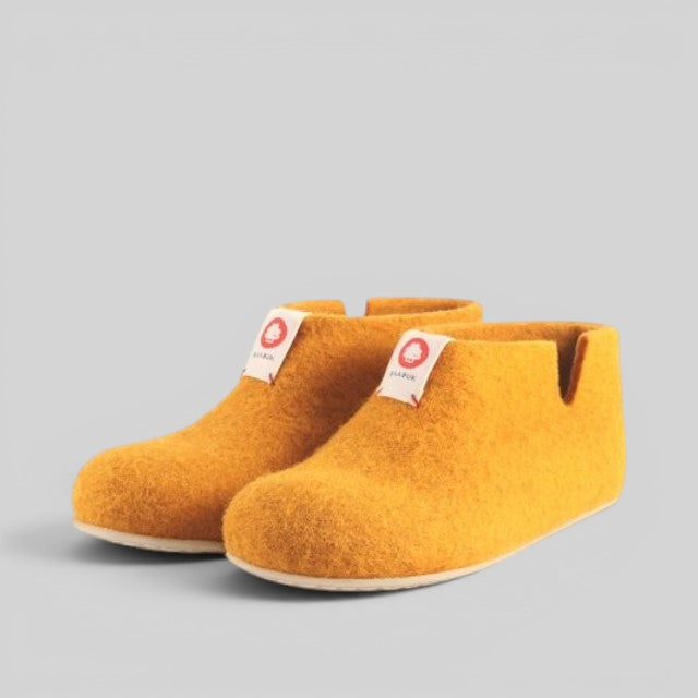 Baabuk Yves Kids honey yellow wool slippers with natural crepe rubber soles and branded pull tab