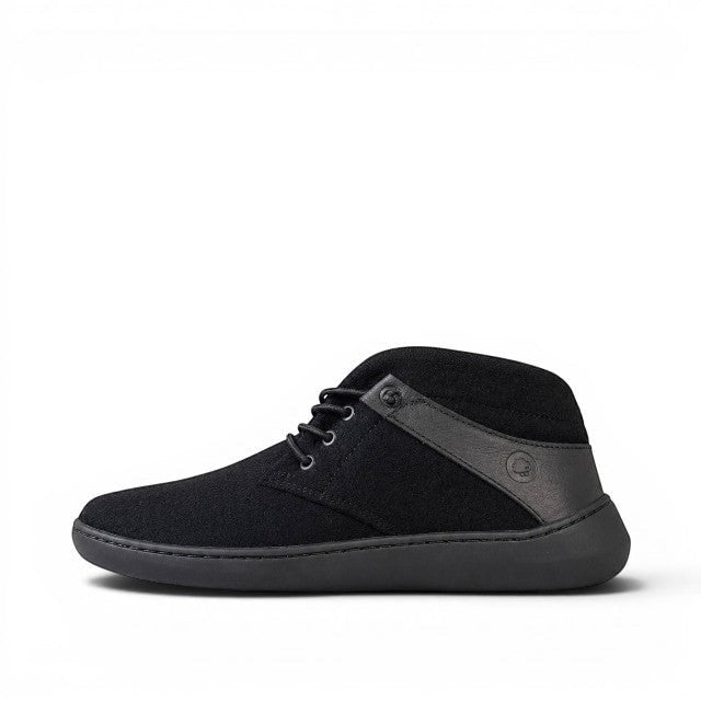 Baabuk Zero Wooler High black barefoot shoe with wool upper, nubuck leather details, and flat rubber sole.